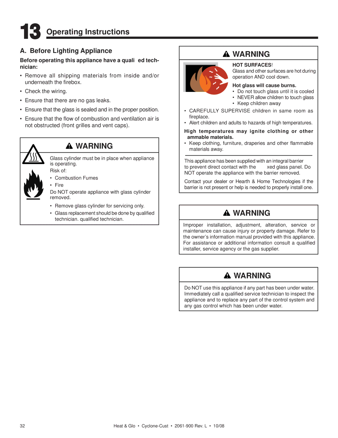 Hearth and Home Technologies Cyclone-Cust owner manual Operating Instructions, Before Lighting Appliance 