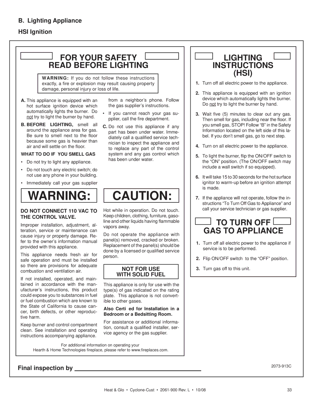 Hearth and Home Technologies Cyclone-Cust owner manual Lighting Appliance HSI Ignition, Final inspection by 