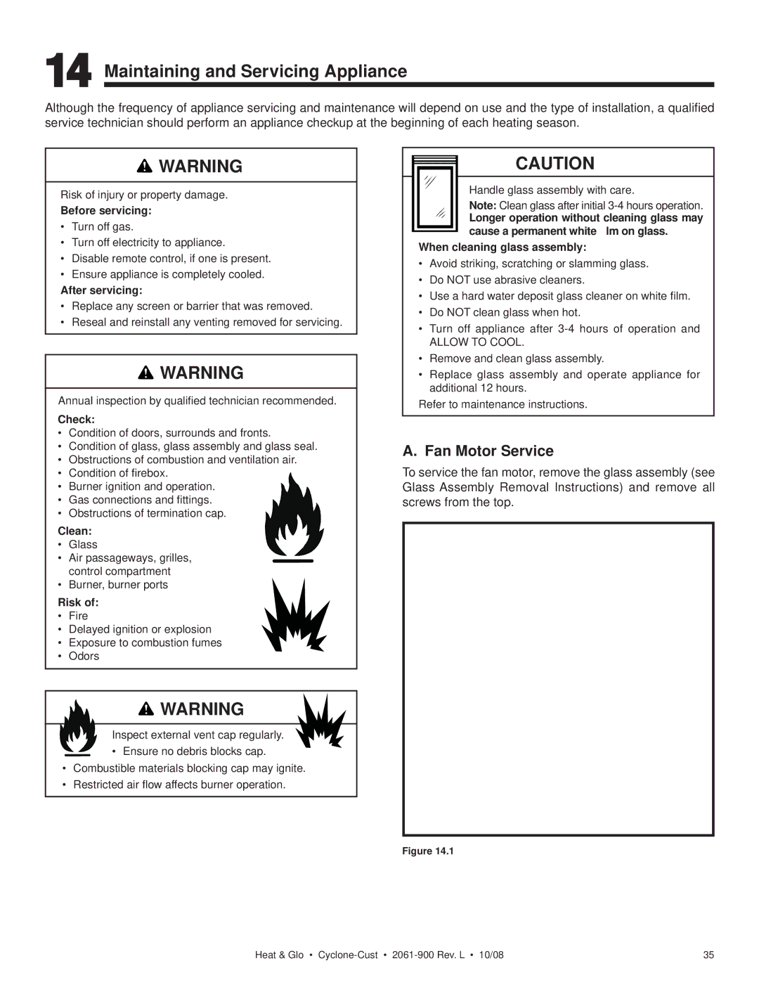 Hearth and Home Technologies Cyclone-Cust owner manual Maintaining and Servicing Appliance, Fan Motor Service 