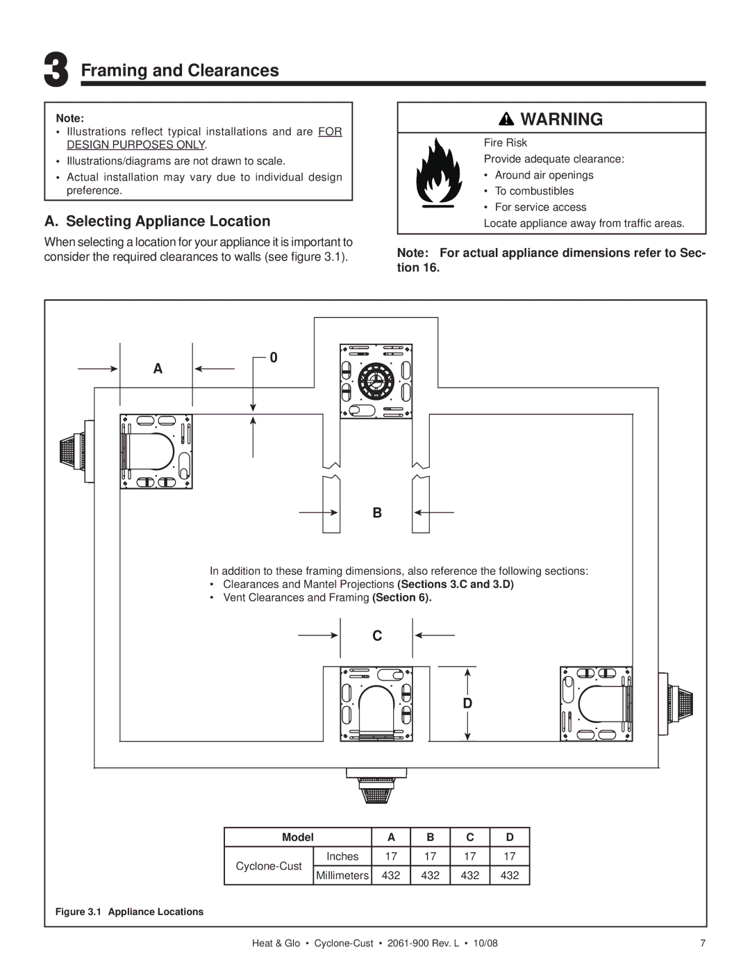 Hearth and Home Technologies Cyclone-Cust owner manual Framing and Clearances, Selecting Appliance Location, Model 