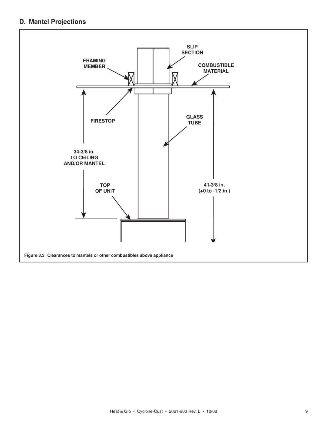 Hearth and Home Technologies Cyclone-Cust owner manual Mantel Projections, 34-3/8, 41-3/8, +0 to -1/2 