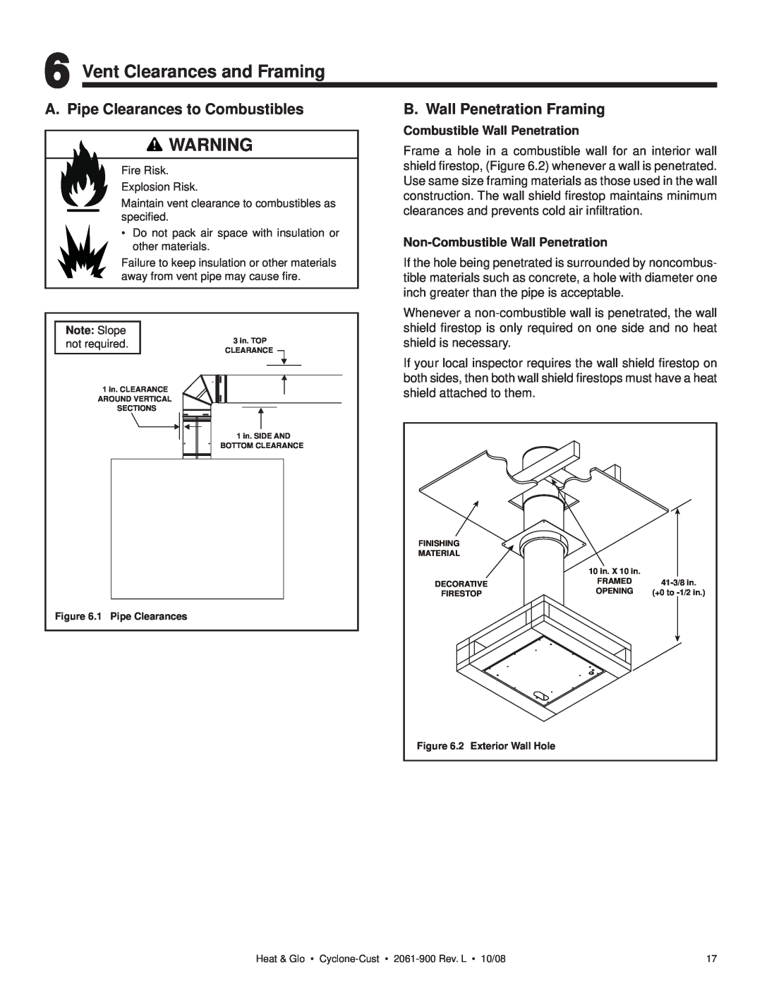 Hearth and Home Technologies Cyclone-Cust owner manual Vent Clearances and Framing, A. Pipe Clearances to Combustibles 