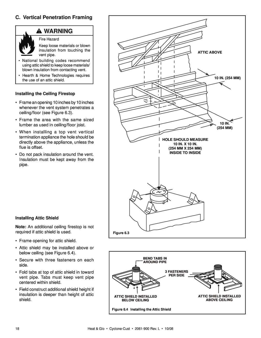 Hearth and Home Technologies Cyclone-Cust owner manual C. Vertical Penetration Framing, Installing the Ceiling Firestop 