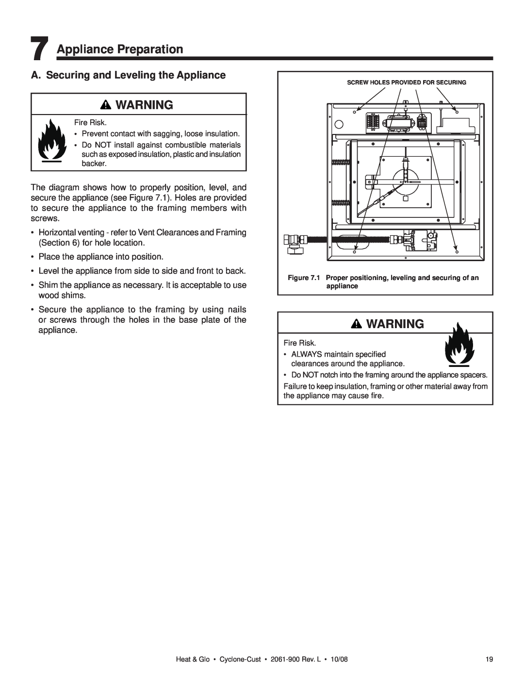 Hearth and Home Technologies Cyclone-Cust owner manual Appliance Preparation, A. Securing and Leveling the Appliance 