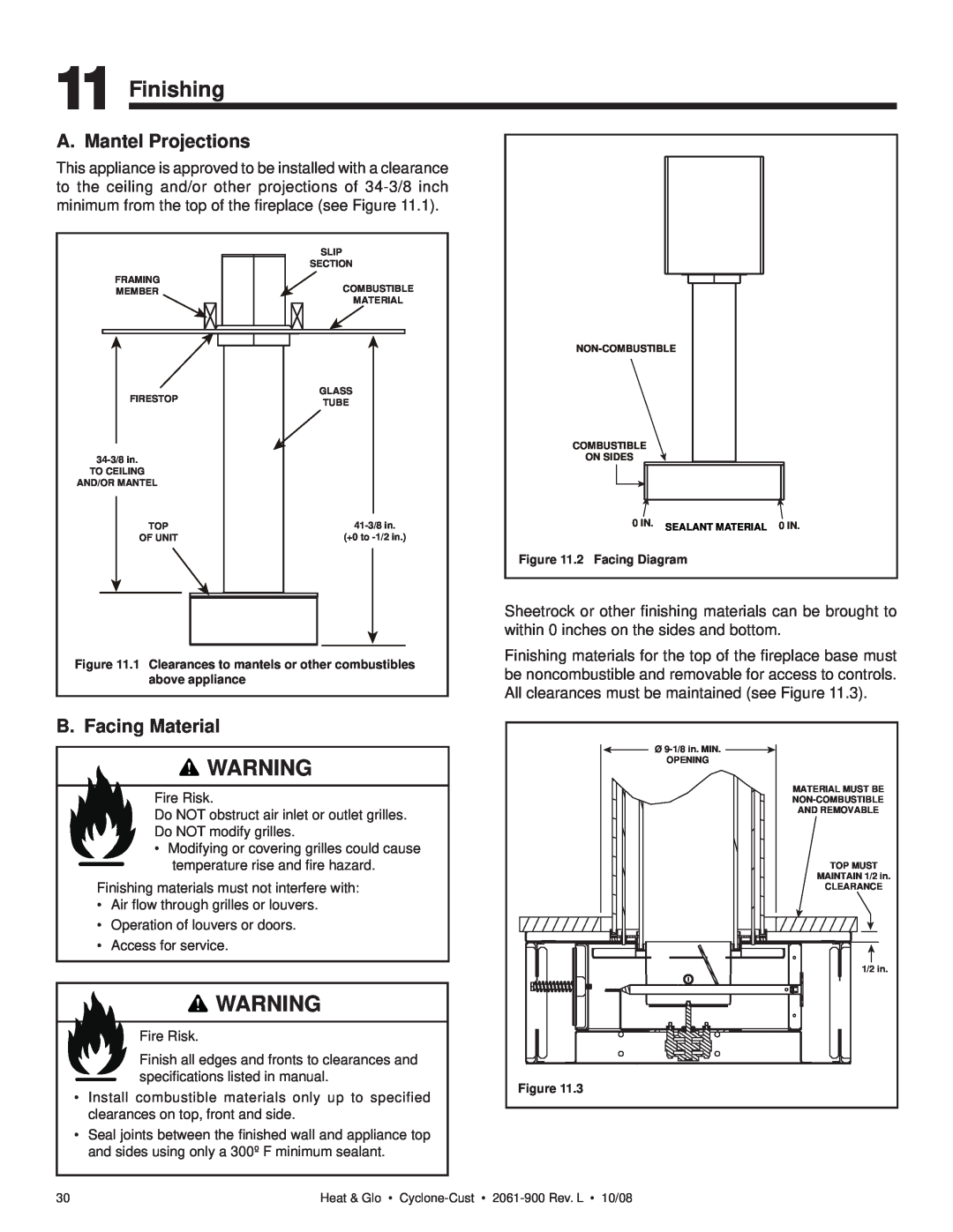 Hearth and Home Technologies Cyclone-Cust owner manual Finishing, A. Mantel Projections, B. Facing Material 