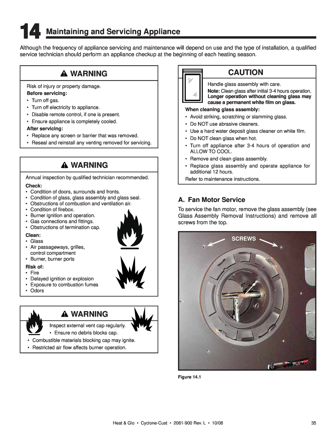 Hearth and Home Technologies Cyclone-Cust owner manual Maintaining and Servicing Appliance, A. Fan Motor Service, Screws 