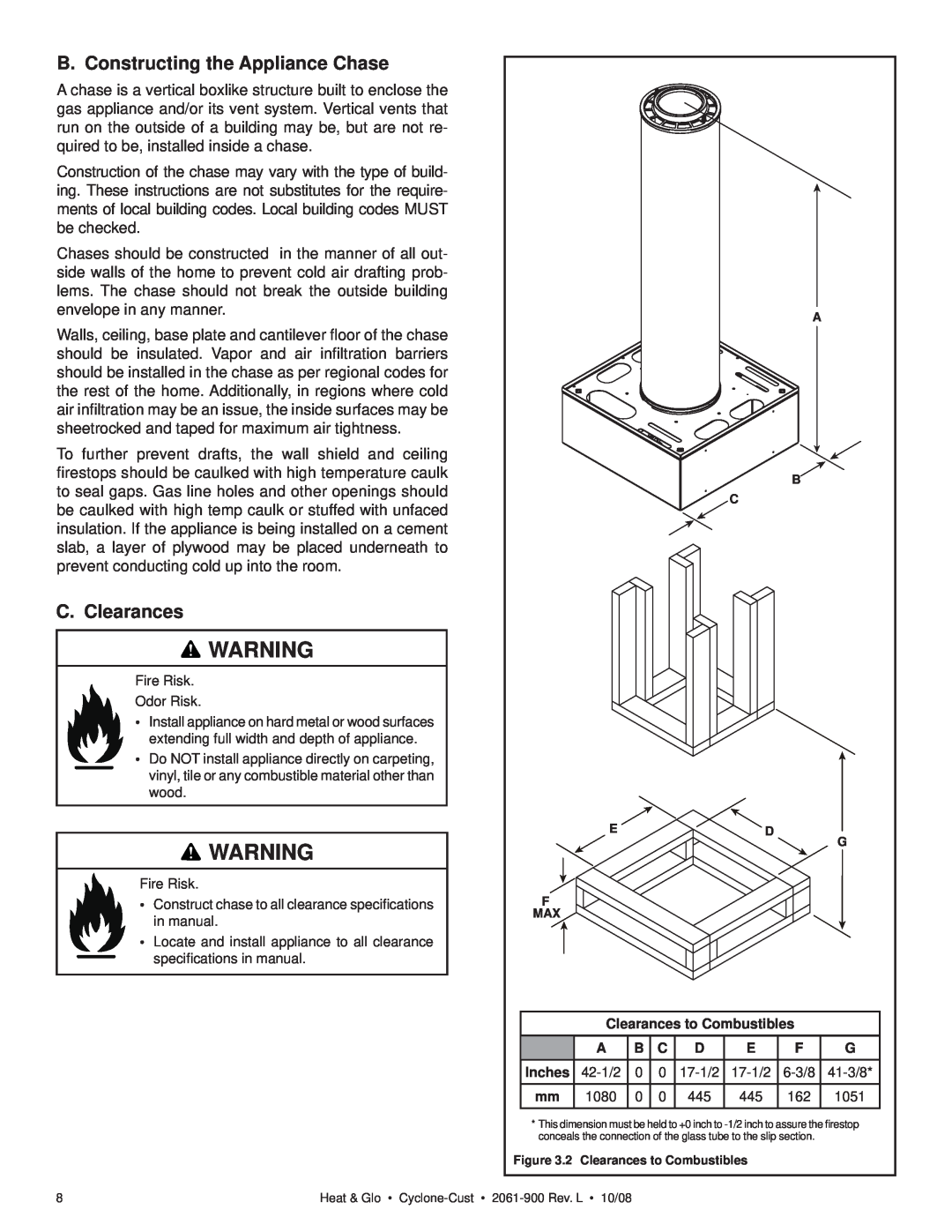Hearth and Home Technologies Cyclone-Cust owner manual B. Constructing the Appliance Chase, C. Clearances, C Ed F Max 