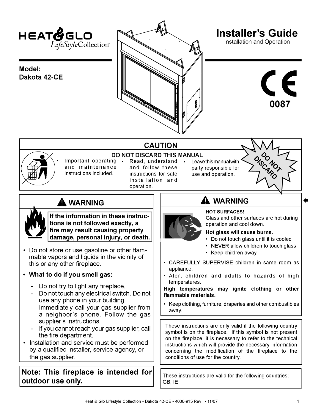 Hearth and Home Technologies Dakota 42-CE manual What to do if you smell gas, Hot glass will cause burns 