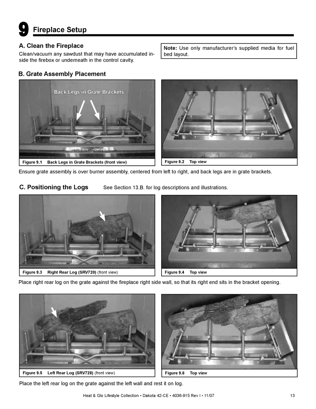 Hearth and Home Technologies Dakota 42-CE manual Fireplace Setup, Clean the Fireplace, Grate Assembly Placement 