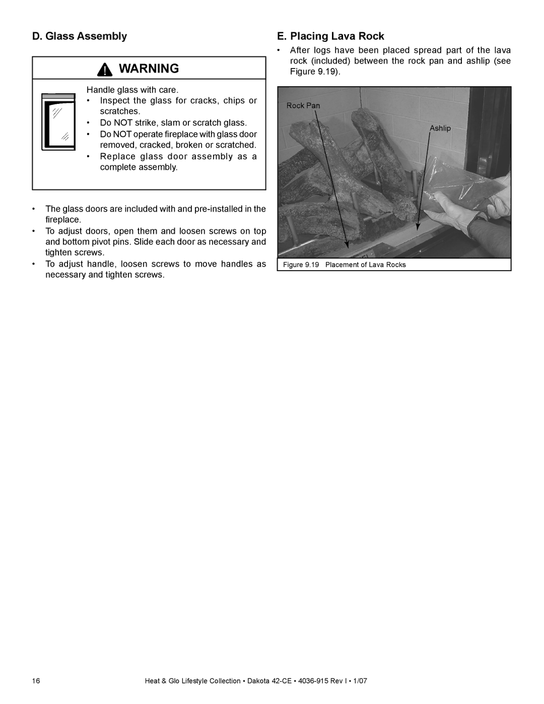 Hearth and Home Technologies Dakota 42-CE manual Glass Assembly, Placing Lava Rock 