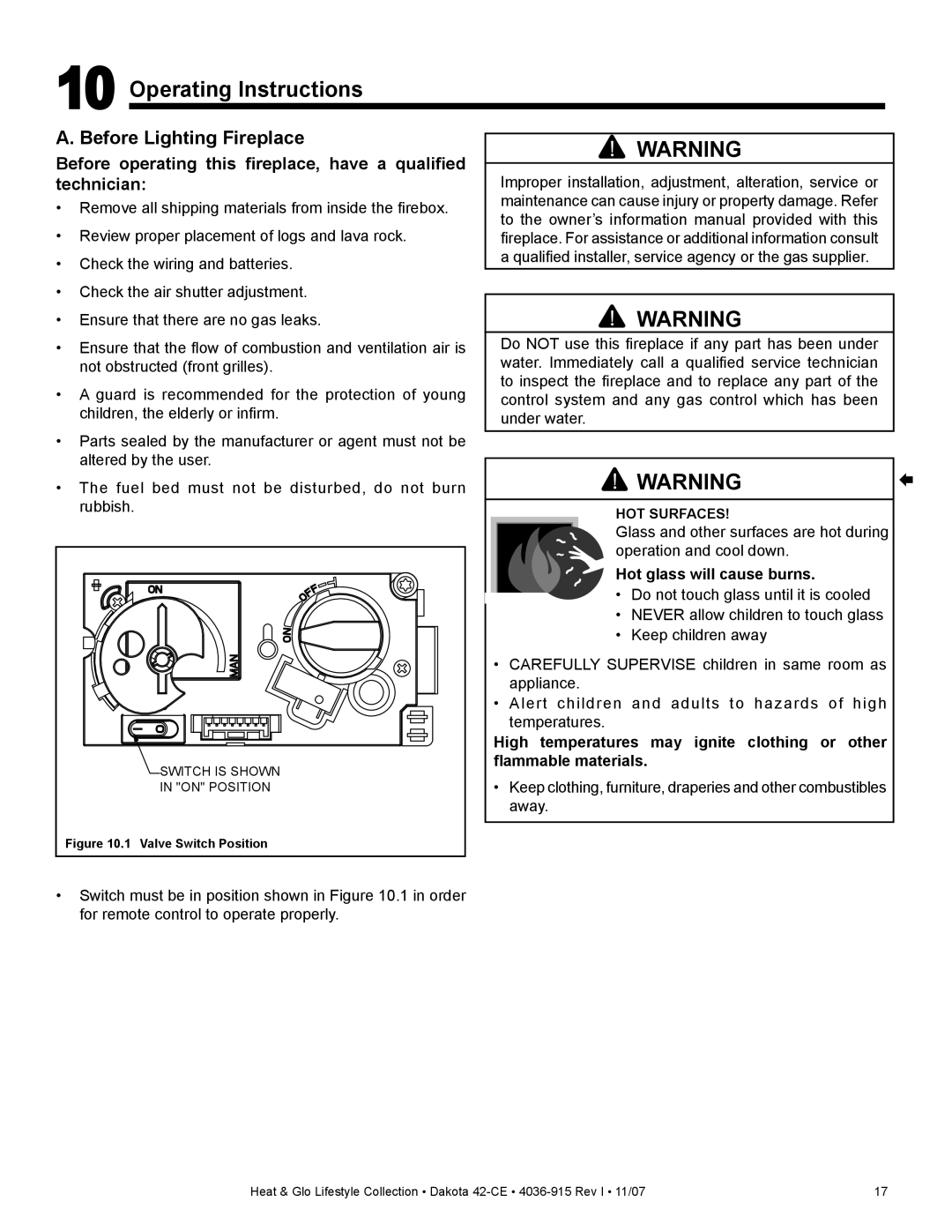 Hearth and Home Technologies Dakota 42-CE manual Operating Instructions, Before Lighting Fireplace 