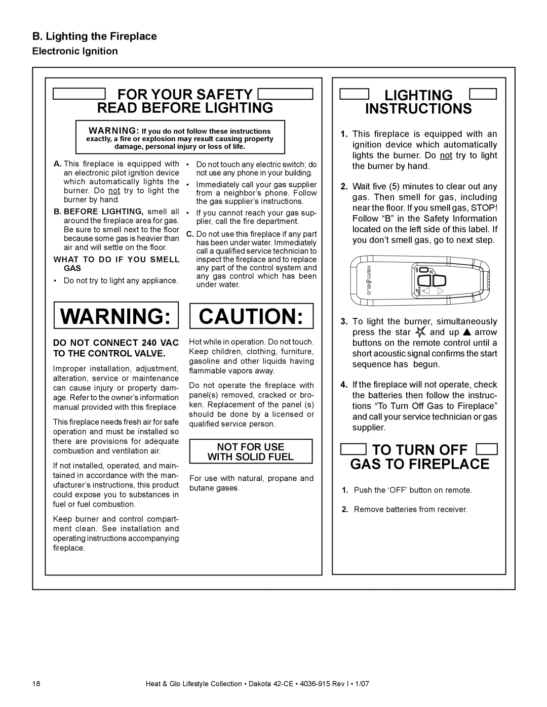 Hearth and Home Technologies Dakota 42-CE manual For Your Safety Read Before Lighting Lighting Instructions 