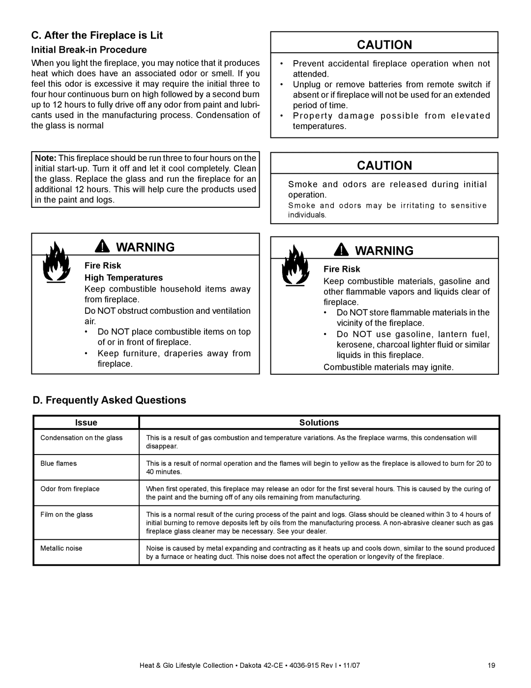 Hearth and Home Technologies Dakota 42-CE manual After the Fireplace is Lit, Frequently Asked Questions, Issue Solutions 