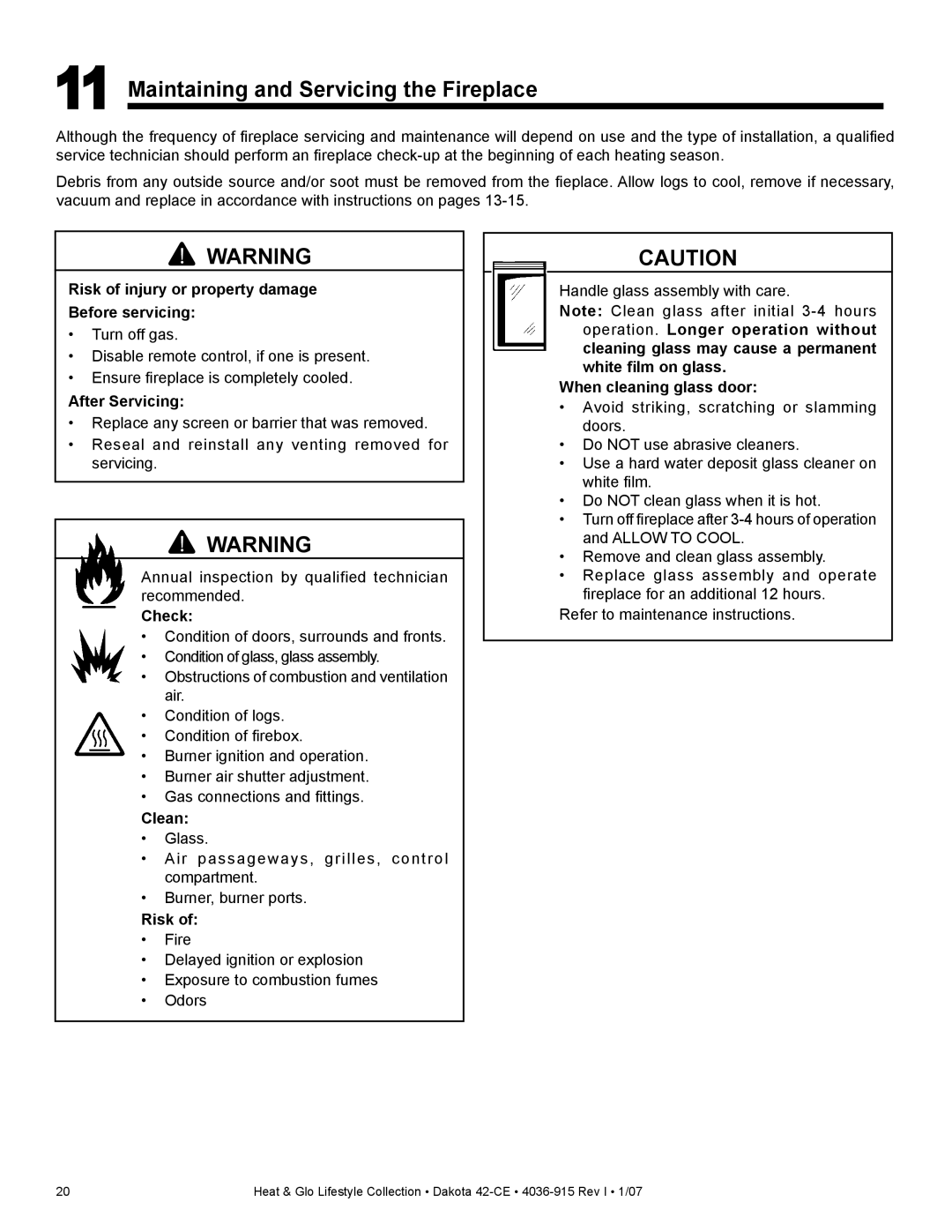 Hearth and Home Technologies Dakota 42-CE manual Maintaining and Servicing the Fireplace 