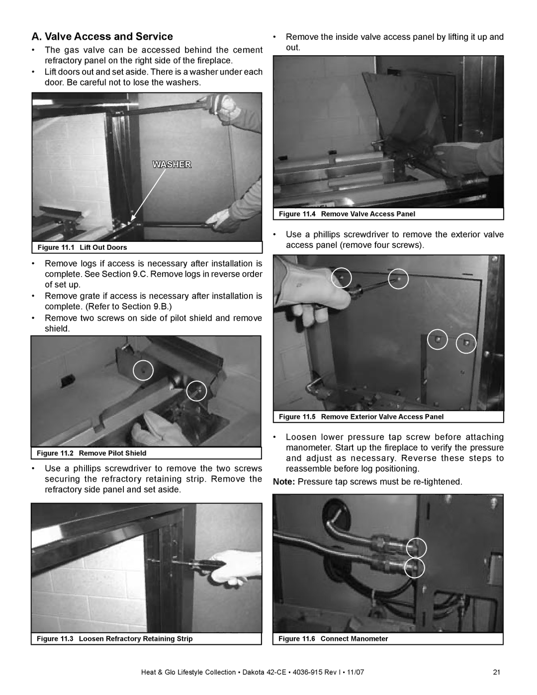 Hearth and Home Technologies Dakota 42-CE manual Valve Access and Service, Washer 