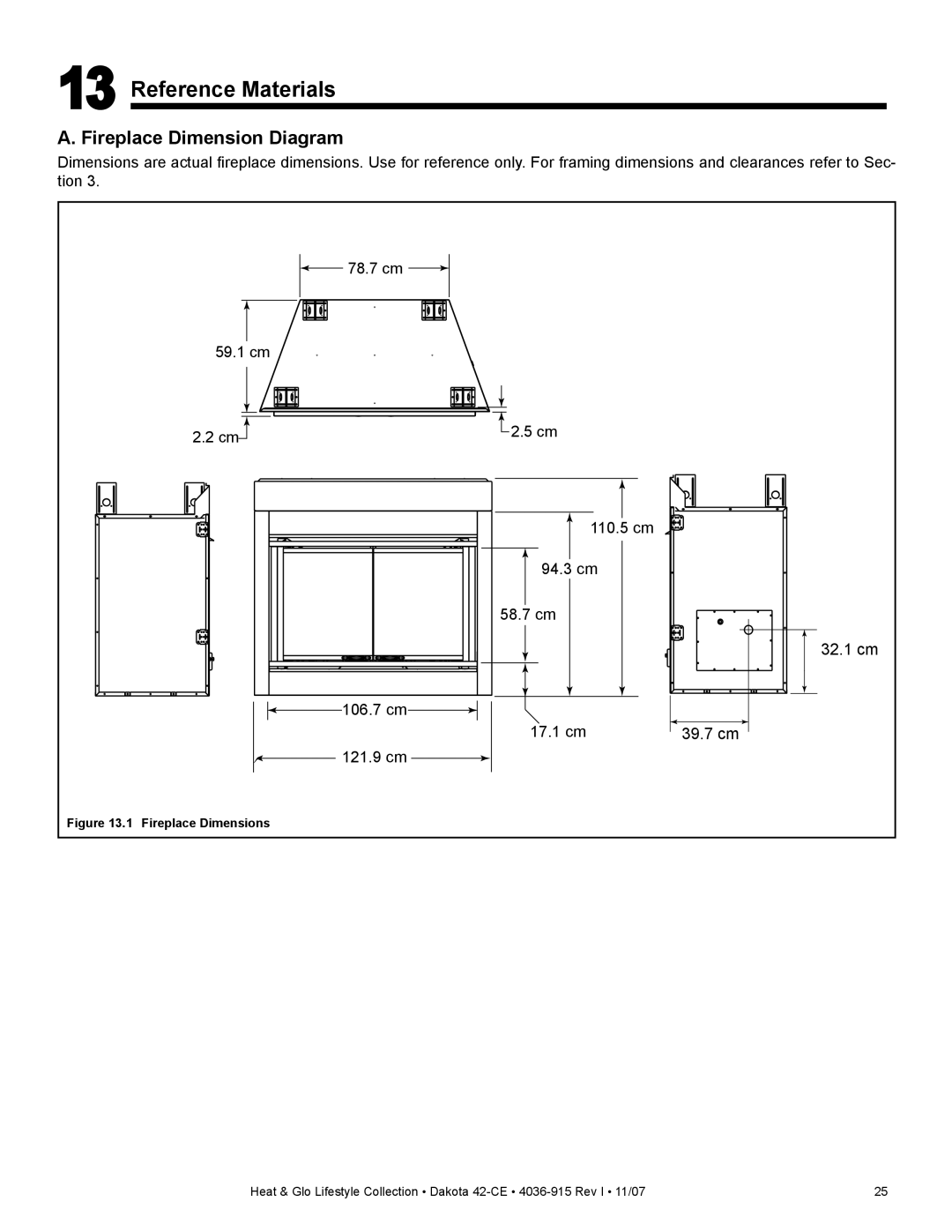 Hearth and Home Technologies Dakota 42-CE manual Reference Materials, Fireplace Dimension Diagram 