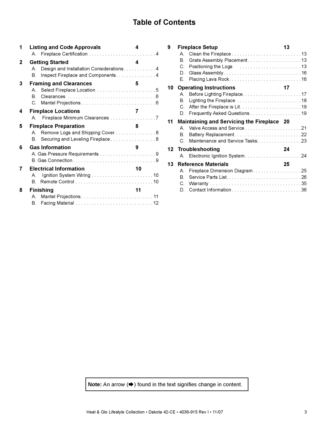 Hearth and Home Technologies Dakota 42-CE manual Table of Contents 