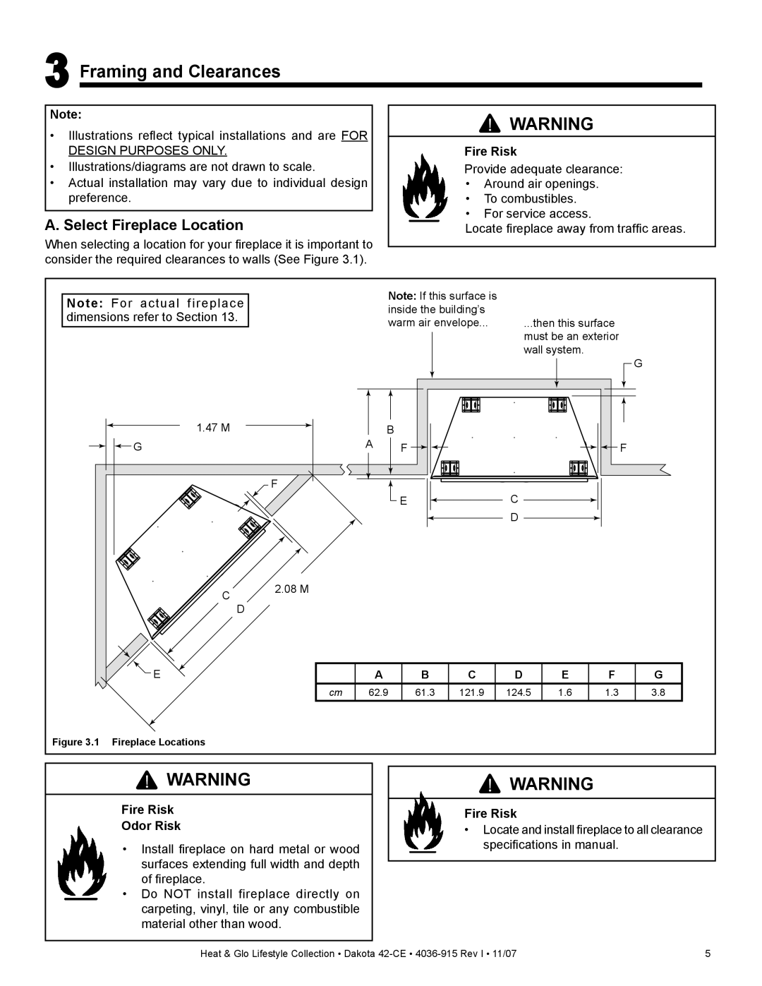 Hearth and Home Technologies Dakota 42-CE manual Framing and Clearances, Select Fireplace Location, Fire Risk 