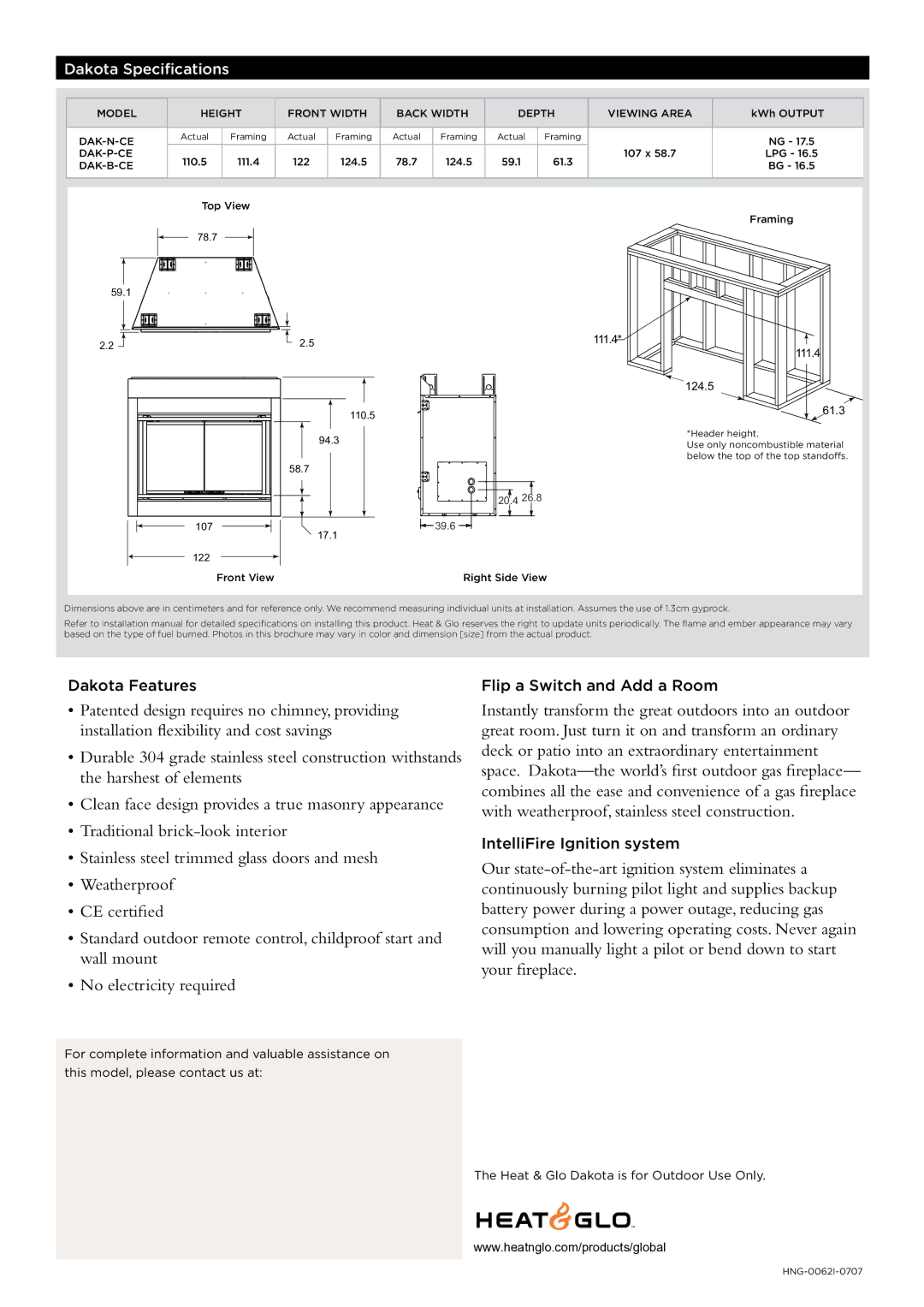 Hearth and Home Technologies DAKOTA-CE manual Dakota Specifications, 111.4, 124.5, 61.3, 20.4 39.6 