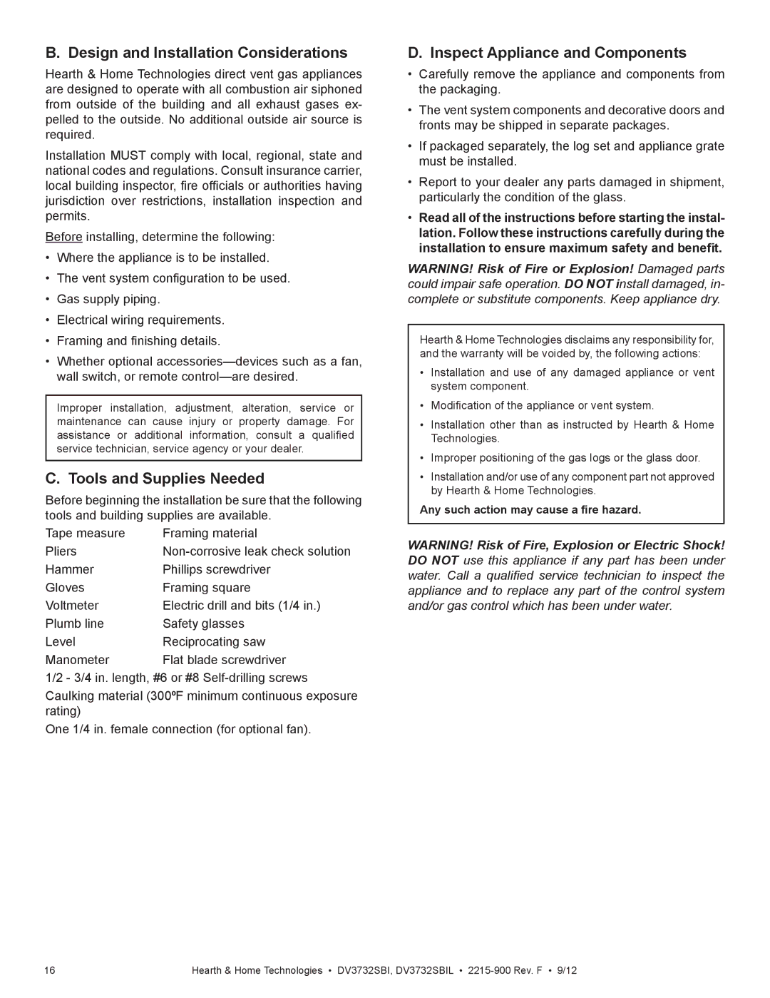 Hearth and Home Technologies DV3732SBIL manual Design and Installation Considerations, Tools and Supplies Needed 