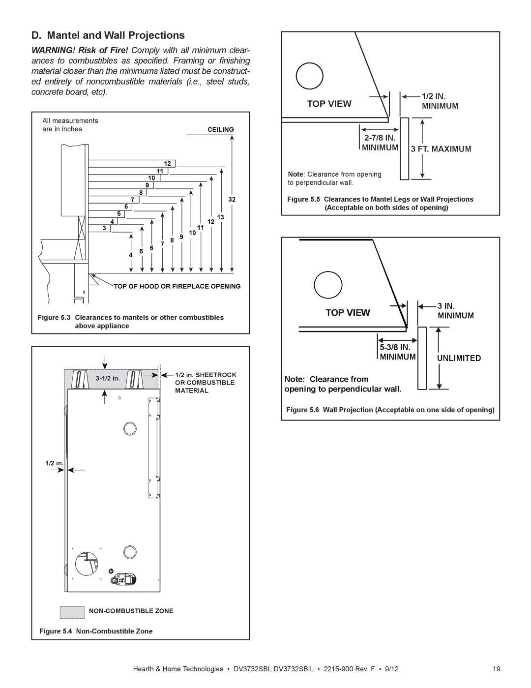 Hearth and Home Technologies DV3732SBIL manual Mantel and Wall Projections, Minimum FT. Maximum, Minimum Unlimited 