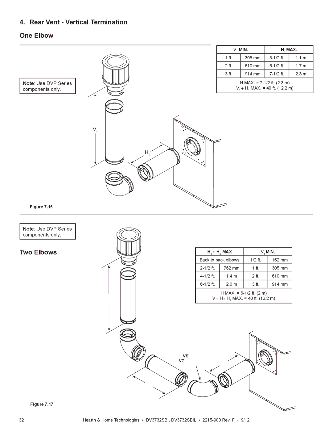 Hearth and Home Technologies DV3732SBIL manual Rear Vent Vertical Termination One Elbow 