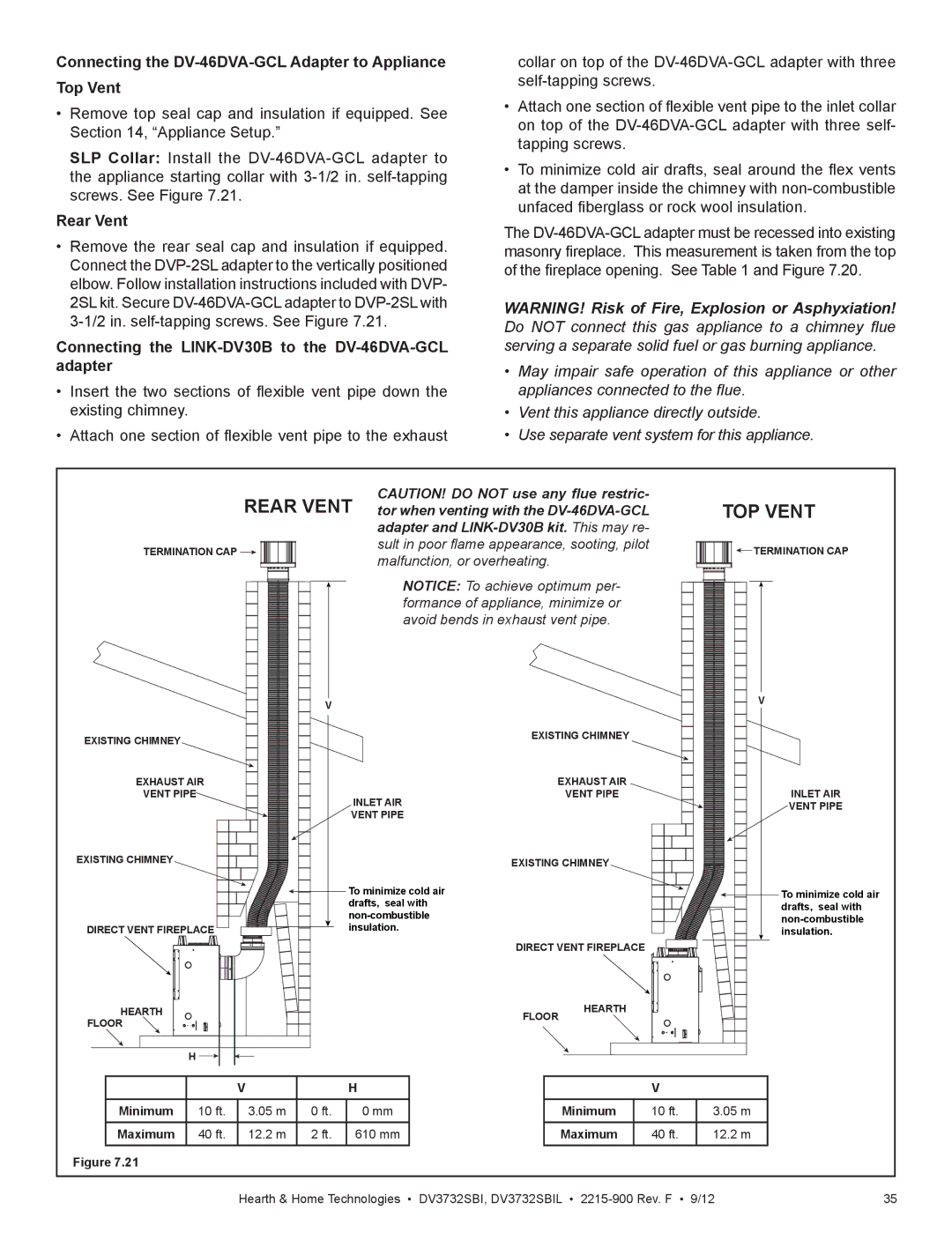 Hearth and Home Technologies DV3732SBIL manual Connecting the DV-46DVA-GCL Adapter to Appliance Top Vent, Rear Vent 