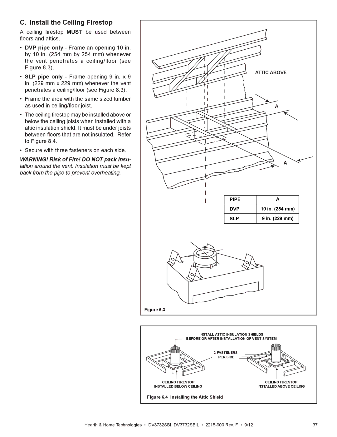 Hearth and Home Technologies DV3732SBIL manual Install the Ceiling Firestop, Pipe DVP SLP 