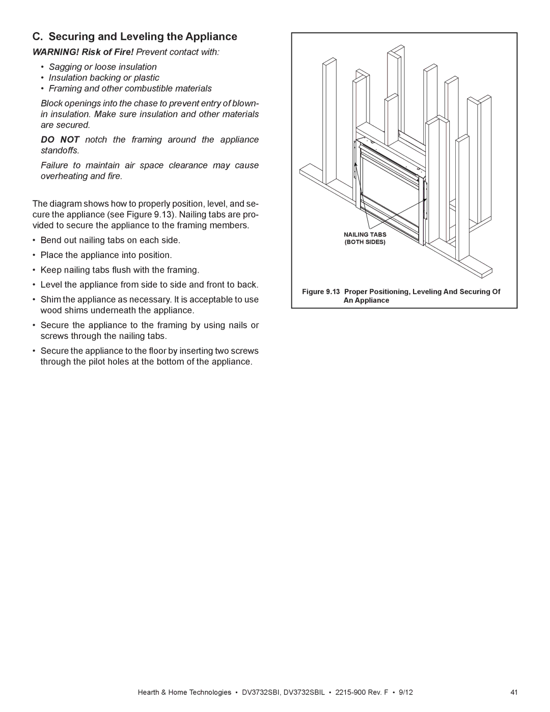 Hearth and Home Technologies DV3732SBIL Securing and Leveling the Appliance, Proper Positioning, Leveling And Securing 