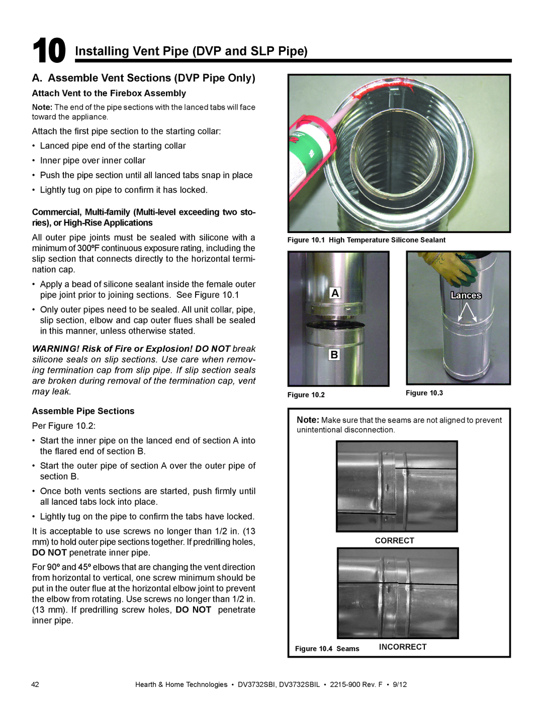 Hearth and Home Technologies DV3732SBI manual Installing Vent Pipe DVP and SLP Pipe, Assemble Vent Sections DVP Pipe Only 