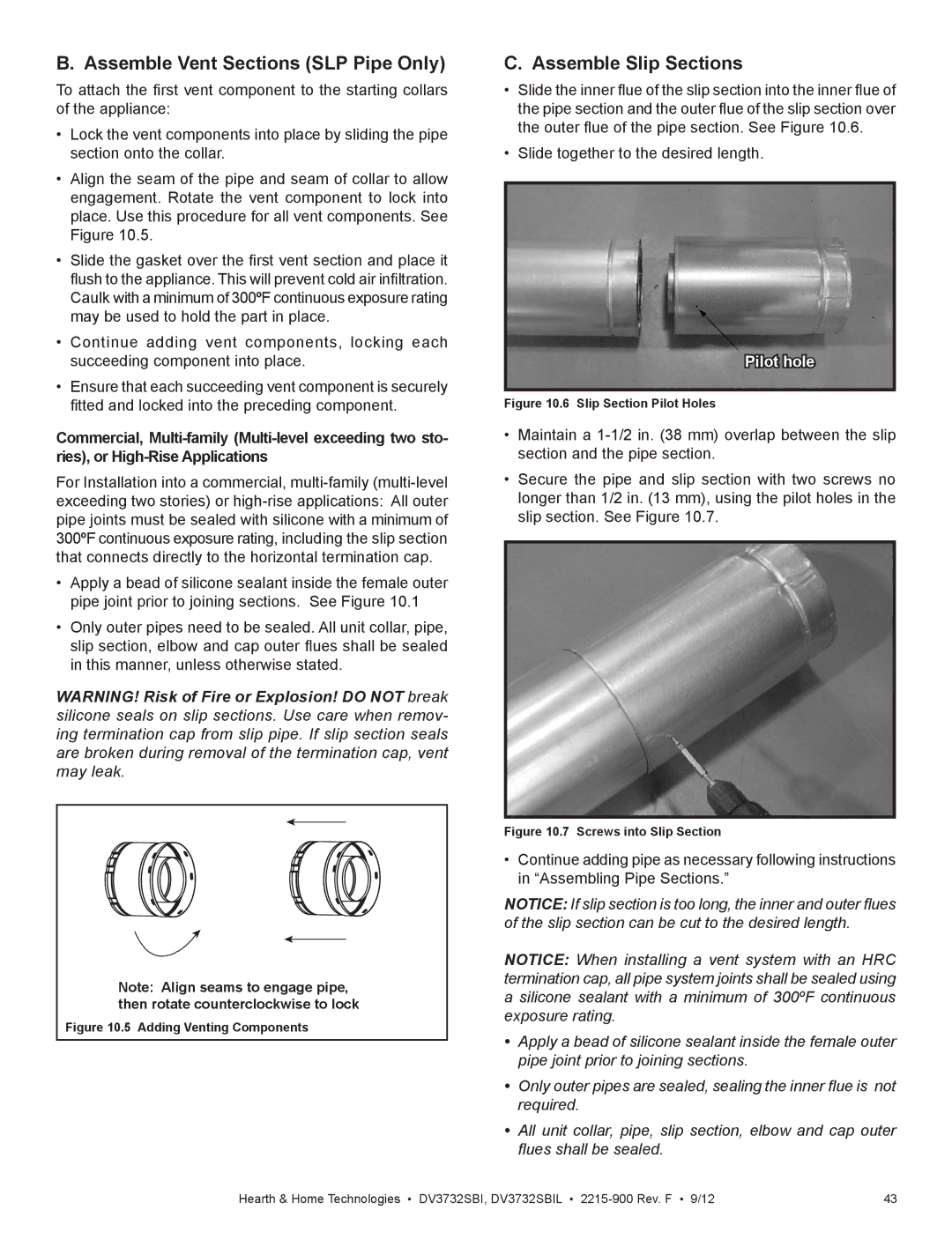 Hearth and Home Technologies DV3732SBIL manual Assemble Vent Sections SLP Pipe Only, Assemble Slip Sections 