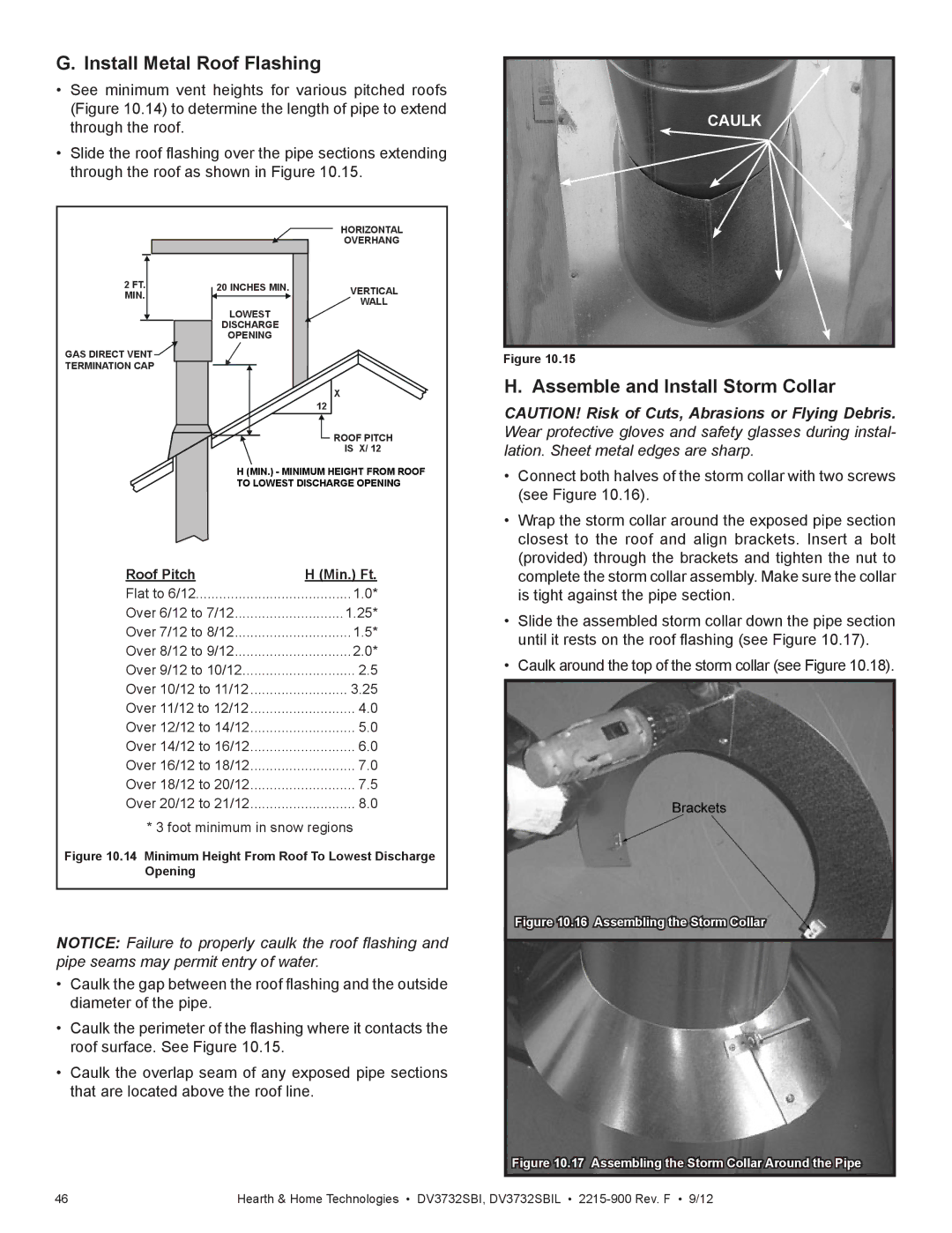 Hearth and Home Technologies DV3732SBIL manual Install Metal Roof Flashing, Assemble and Install Storm Collar 