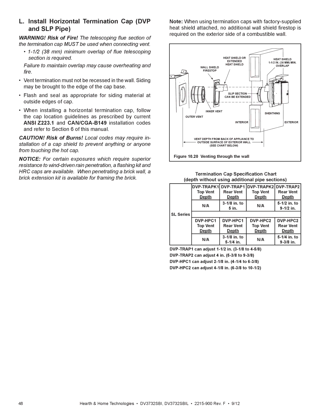 Hearth and Home Technologies DV3732SBIL manual Install Horizontal Termination Cap DVP and SLP Pipe, DVP-HPC1 DVP-HPC2 