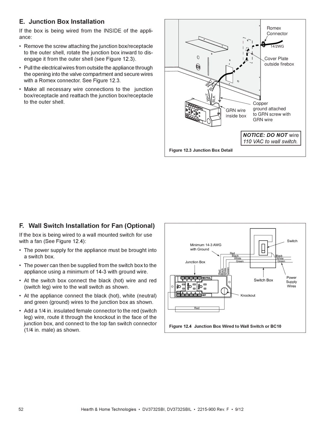 Hearth and Home Technologies DV3732SBIL manual Junction Box Installation, Wall Switch Installation for Fan Optional 