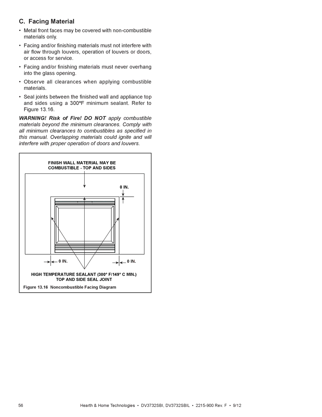 Hearth and Home Technologies DV3732SBIL manual Facing Material, Noncombustible Facing Diagram 