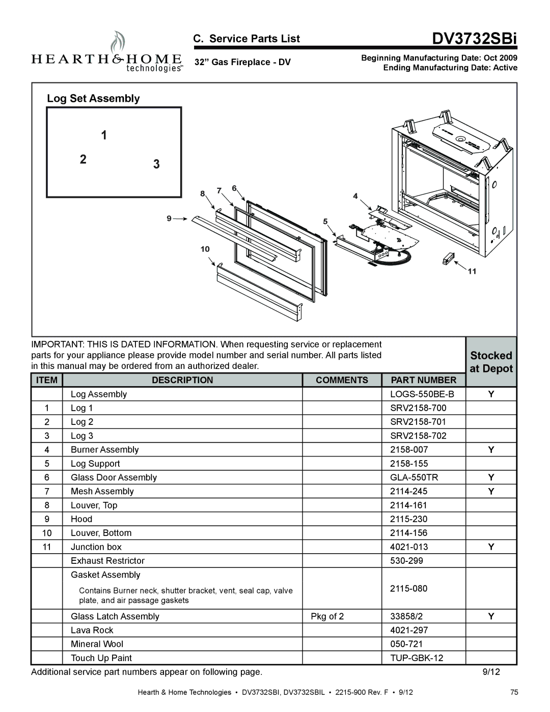 Hearth and Home Technologies DV3732SBIL manual Service Parts List, At Depot, Gas Fireplace DV 