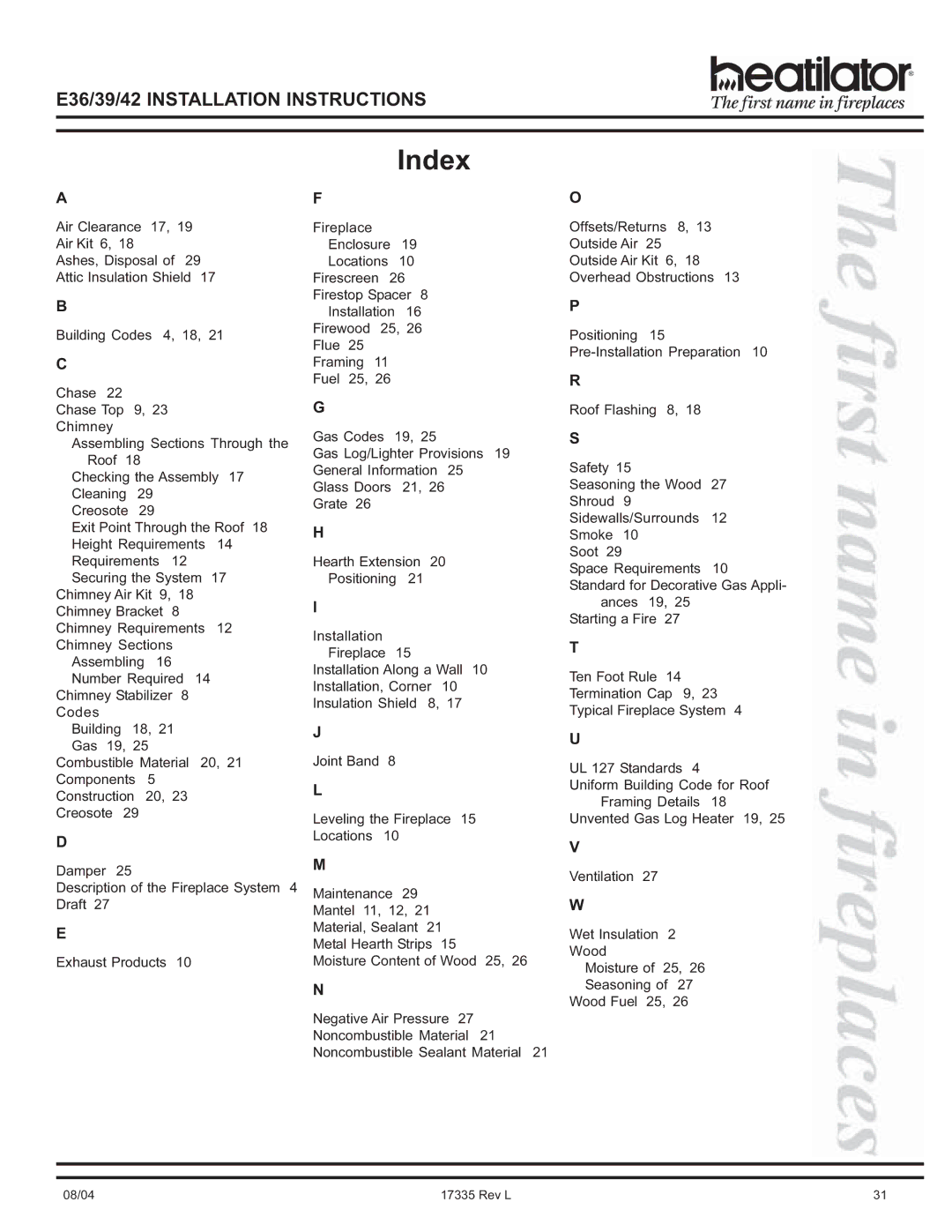 Hearth and Home Technologies E36, E39, E42 operating instructions Index 