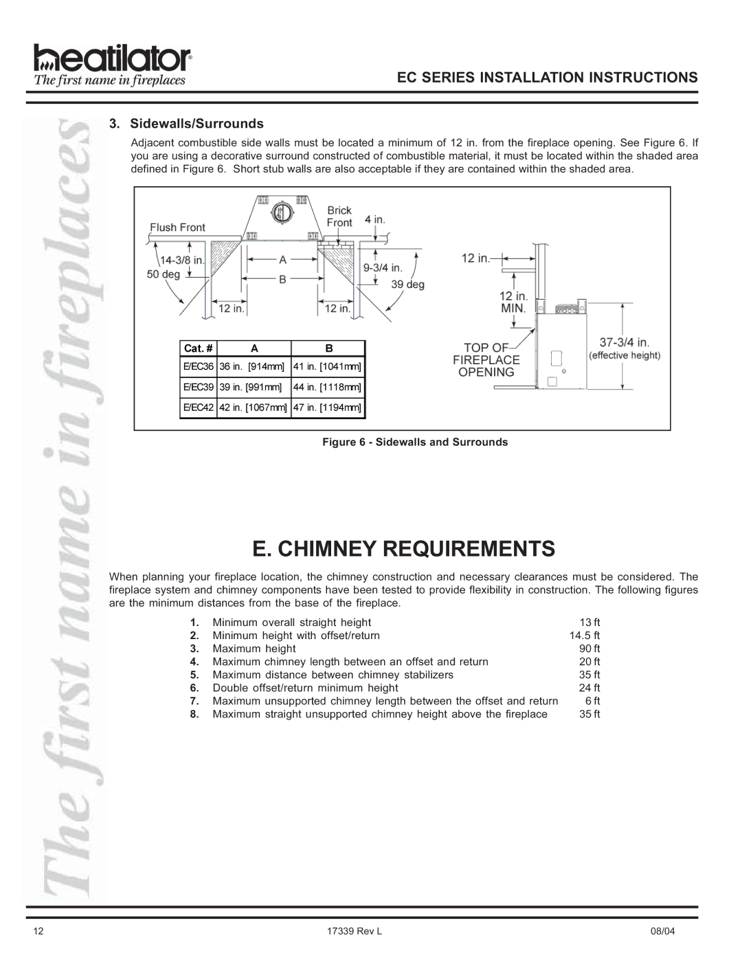 Hearth and Home Technologies EC36 manual Chimney Requirements, Sidewalls/Surrounds 