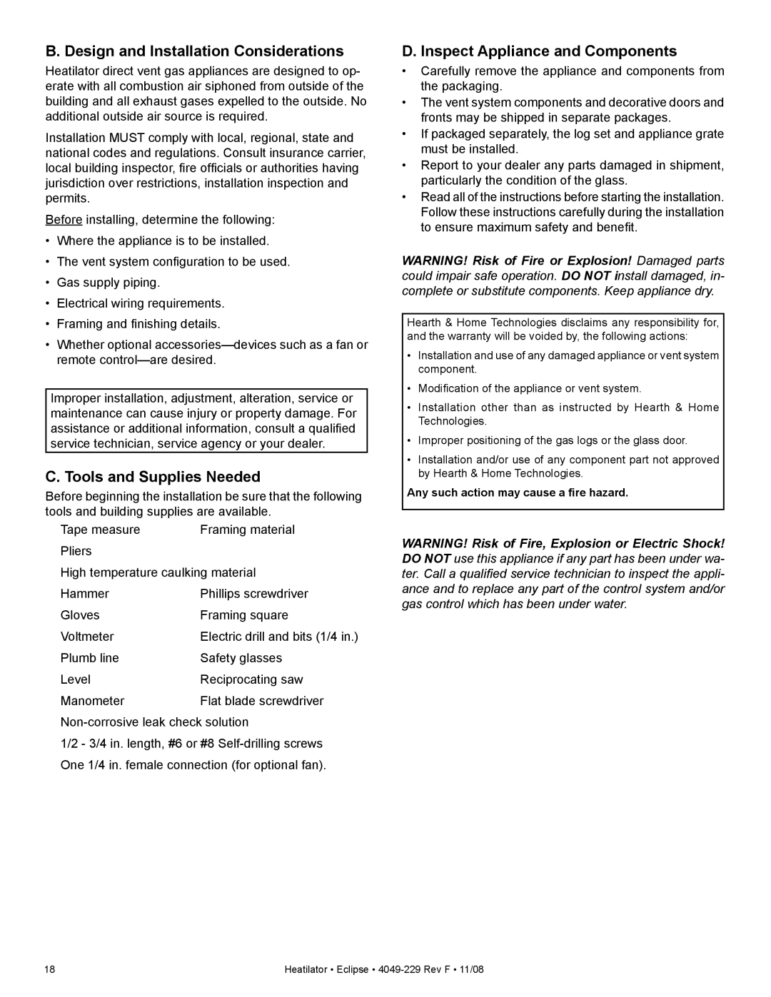 Hearth and Home Technologies EDV3633IL, EDV3633L Design and Installation Considerations, Tools and Supplies Needed 