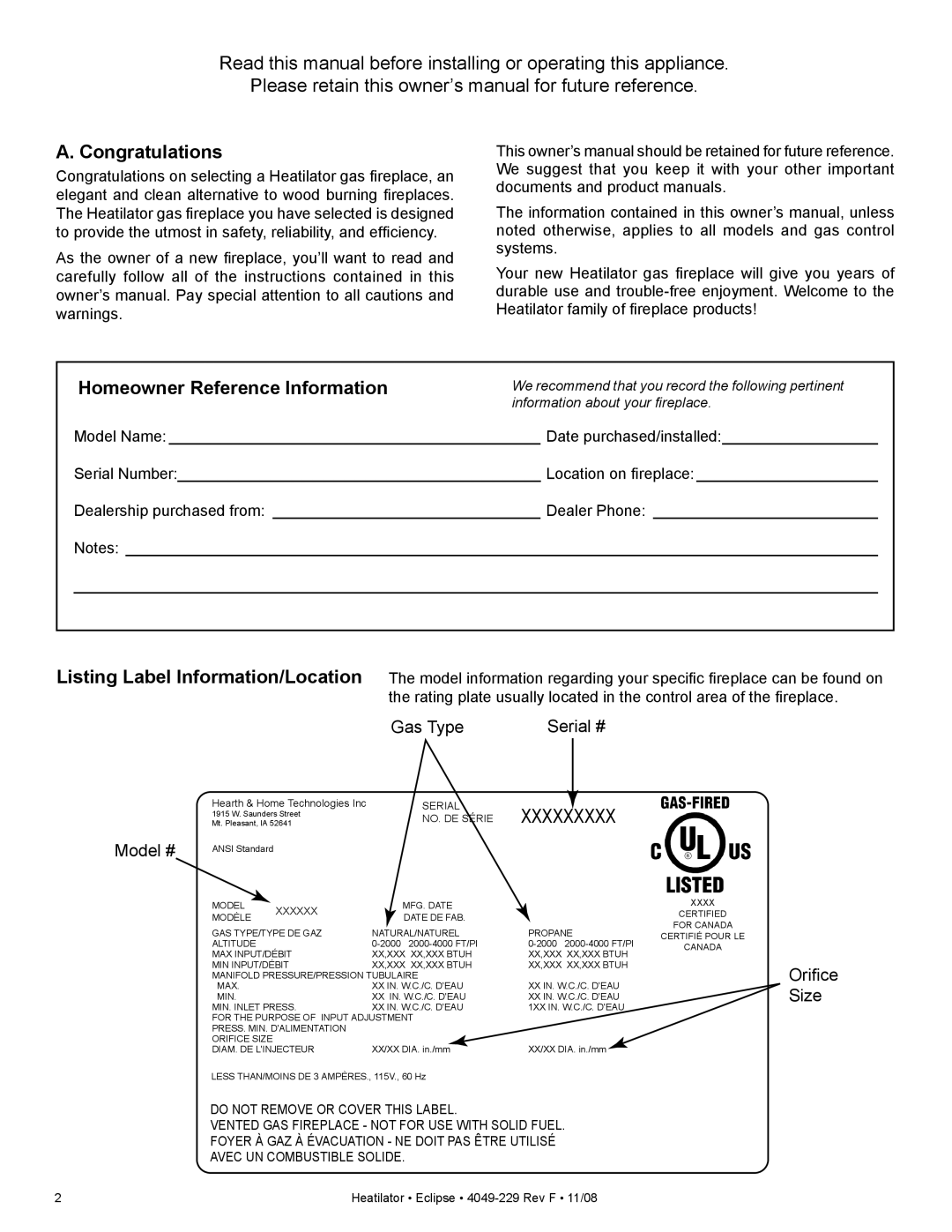 Hearth and Home Technologies EDV3633IL, EDV3633L owner manual Congratulations, Homeowner Reference Information 