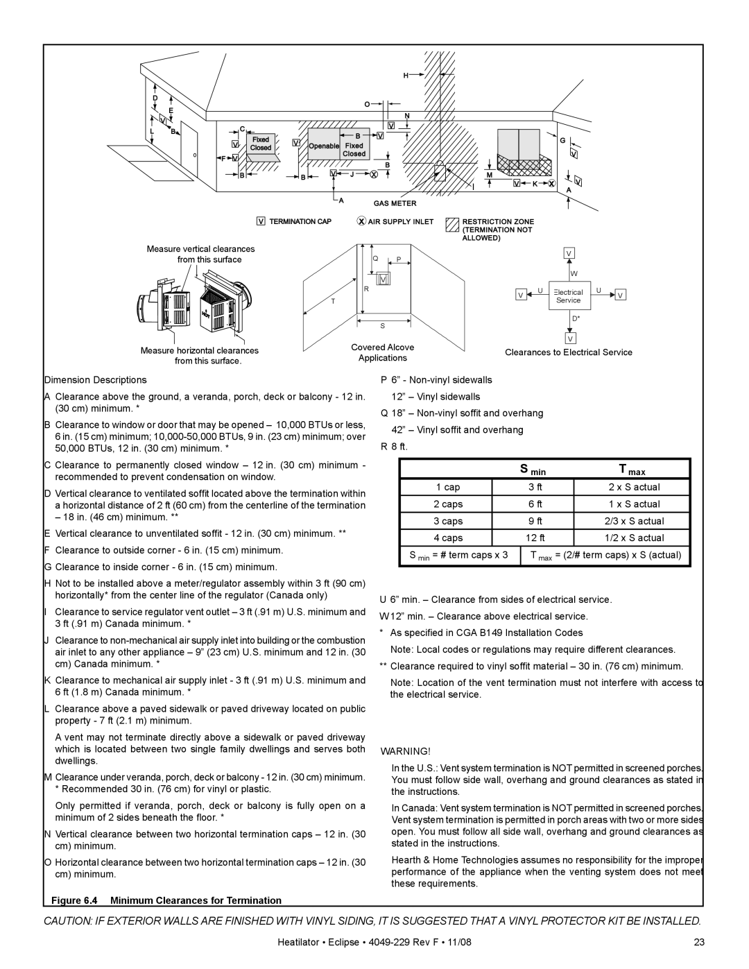 Hearth and Home Technologies EDV3633L, EDV3633IL owner manual Minimum Clearances for Termination 