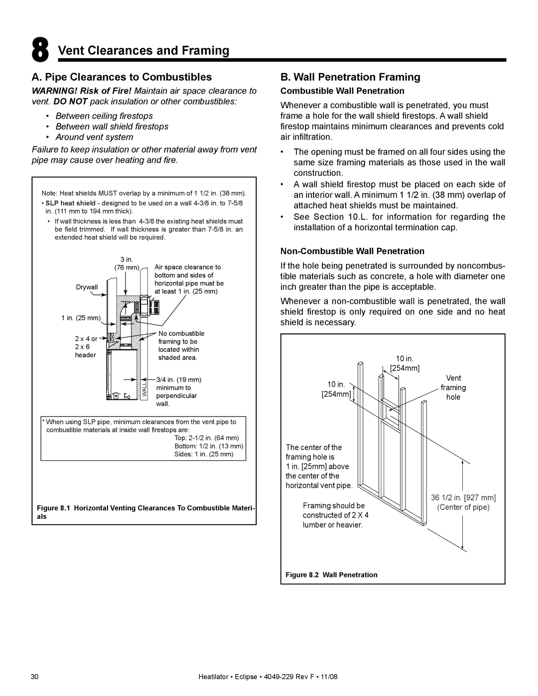 Hearth and Home Technologies EDV3633IL, EDV3633L owner manual Vent Clearances and Framing, Pipe Clearances to Combustibles 