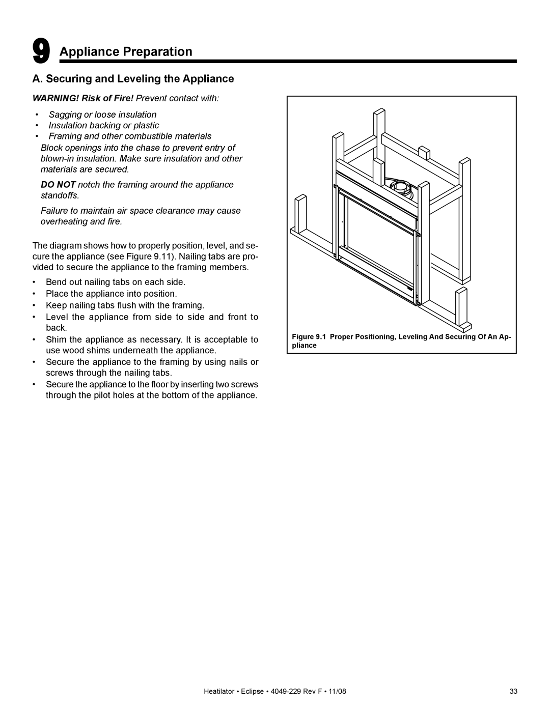 Hearth and Home Technologies EDV3633L, EDV3633IL owner manual Appliance Preparation, Securing and Leveling the Appliance 