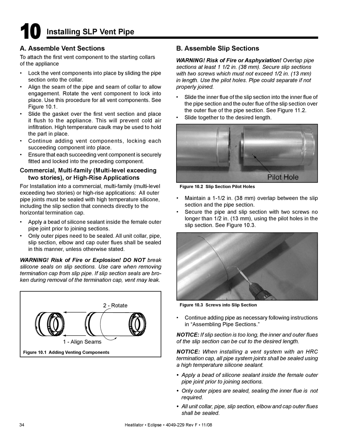 Hearth and Home Technologies EDV3633IL, EDV3633L Installing SLP Vent Pipe, Assemble Vent Sections, Assemble Slip Sections 