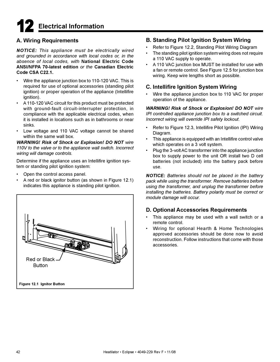 Hearth and Home Technologies EDV3633IL Electrical Information, Wiring Requirements, Standing Pilot Ignition System Wiring 