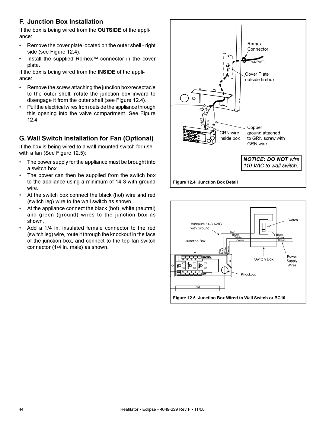 Hearth and Home Technologies EDV3633I, EDV3633L Junction Box Installation, Wall Switch Installation for Fan Optional 