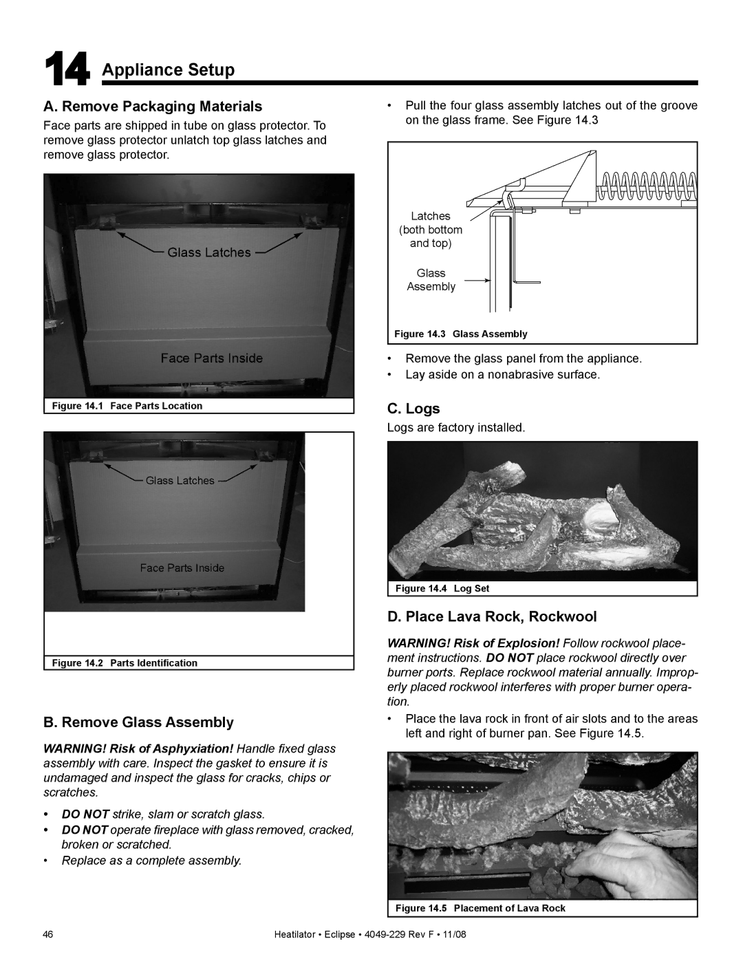 Hearth and Home Technologies EDV3633IL, EDV3633L Appliance Setup, Remove Packaging Materials, Remove Glass Assembly, Logs 