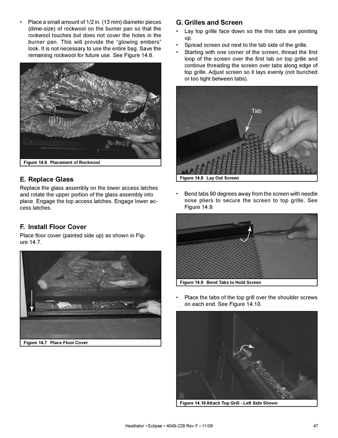 Hearth and Home Technologies EDV3633L, EDV3633IL owner manual Replace Glass, Grilles and Screen, Install Floor Cover 