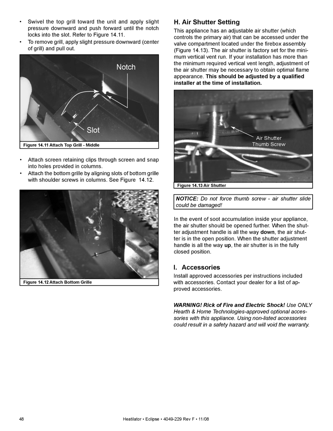 Hearth and Home Technologies EDV3633L, EDV3633IL owner manual Air Shutter Setting, Accessories 