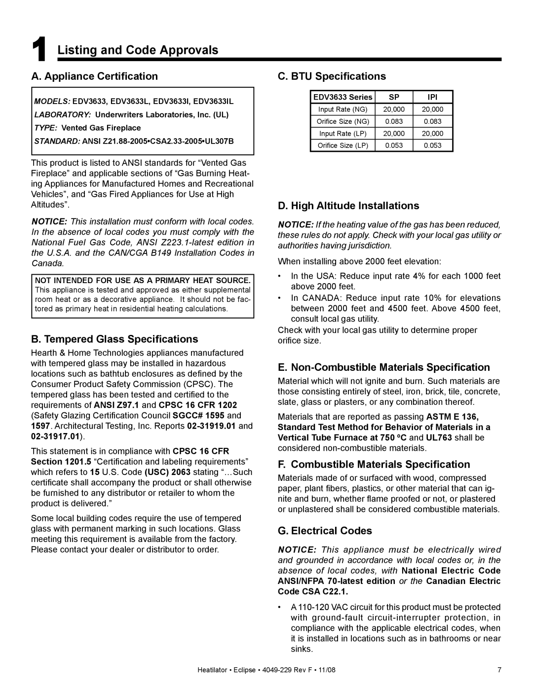 Hearth and Home Technologies EDV3633L, EDV3633IL owner manual Listing and Code Approvals 